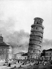 Engraving of Isabey, 1822 with a view of the leaning tower, the apse and the square of the cathedral of Pisa, Tuscany, 1958