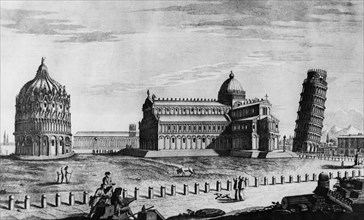 etching of a. Marrona of 1793 with a view of the Piazza del Duomo of Pisa, Tuscany, 1959
