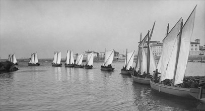 europa, italy, tuscany, livorno, sailboat drill, 1920 1930