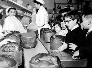 des enfants visitent l'usine de panettone motta, 1966