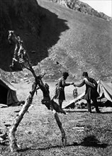 Hunters of mountain goats from the Caucasus in the high mountains. 1930