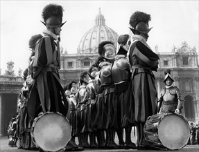 Swiss guards. st peter's square. rome. 1960