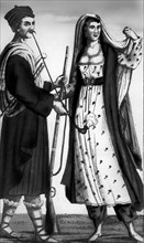 Albanian man and woman costumes in a late 18th century engraving