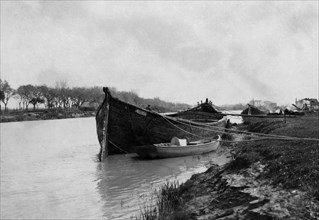Lazio. barges on the Tiber near Fiumicino. 1910