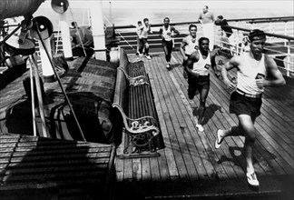 Training sessions on the deck of the transatlantic liner Conte Biancamano. 1920s