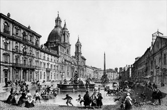 Italy. Rome. Piazza Navona In An Engraving Of Felix Benoist From The 1700s