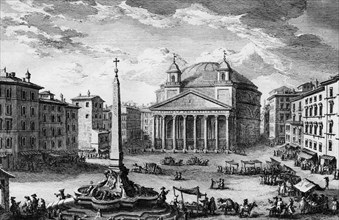 Italy. Rome. The Piazza Del Pantheon In An Engraving By Giuseppe Vaso. 1750
