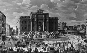 Italy. Rome. View Of The Trevi Fountain In An 18th Century Print