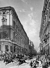 Italy. Rome. Via Del Corso During The Traditional Barbero Race. Engraving By Felix Benoist. 1870