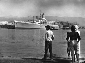 Transatlantic English Orcades. La Spezia Harbour. Liguria. Italy 1955