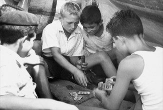 Sicily. Porticello. Boys Playing Cards. 1955