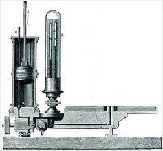 Section of an air pump with two cylinders and valves.