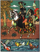 Oriental ruler, riding on horseback.