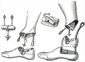 Prostheses - artificial legs with simple and double joints.