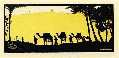 Merchant caravan of camels in oasis.
