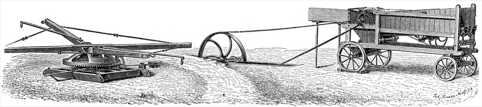 Mobile horse threshing machine with straw walker draw by Simeon Nachf.