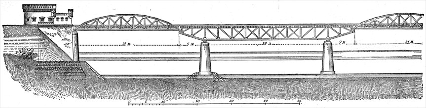 Free-lying bridge girders through the Warta Poznan.