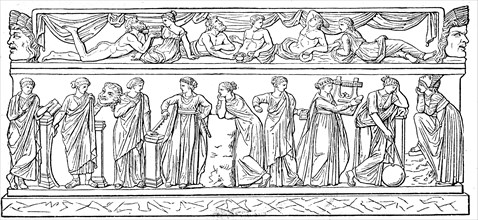 Muse Clio, Thalia, Erato, Euterpe, Polimniya, Calliope, Terpsichore, Urania, Melpomene - a sarcophagus that is stored in the Louvre, Paris.