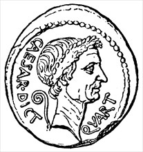 Caesar Head with the sign of a dictator, denarius of Julius Caesar.