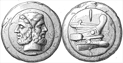 Head of Janus, the ship cast Roman coin.