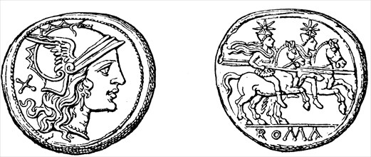 Head the goddess Roma, Castor and Pollux, Roman denarius.