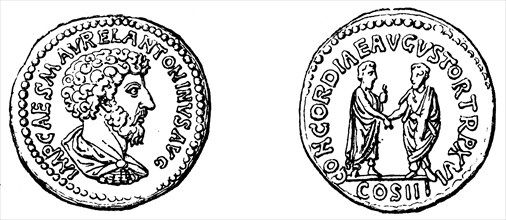 Image of the emperor, Marcus Aurelius and Lucius Verus, gold coin Aureus.