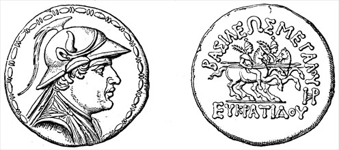 King, Castor and Pollux, Tetradrahmon of Bactrian king Evkratid.