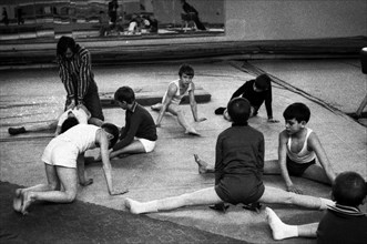 Young gymnasts at sports school.