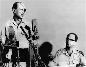 General Moshe Dayan at left, after a visit to Sinai.