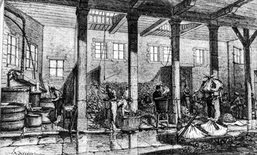 Antique engraving of a tobacco manufactory