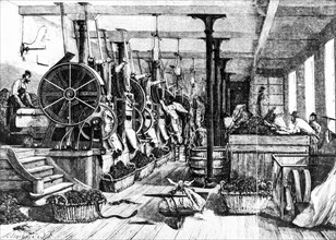 Tobacco manufacturing of paris, engraving by a.jahandier
