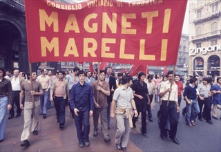 Trade union protest of magneti marelli, milan, 70's