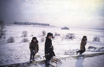 Ussr, siberia , iced bajkal lake, children, 1983