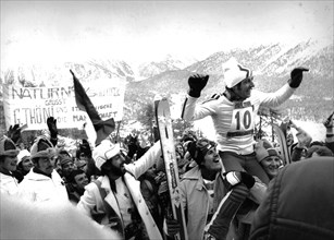 Gustav thoeni, piero gros and helmuth schmalzl, ski worldwide championship, st.moritz, 1974