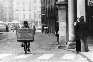 Delivery baker with his bike, padova, 70's
