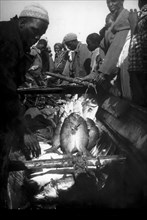 African people at fresh fish market, 70's