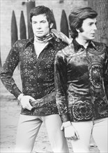 1970's style clothes,  two men during a photo shooting