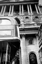 London buses stop in front of the bank of england, london, uk, 70's