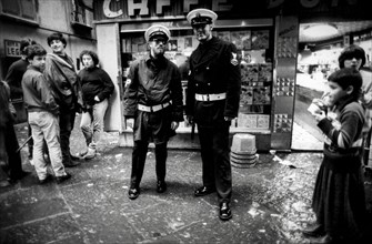 Policemen of saratoga aircraft carrier in a naples street, 1980