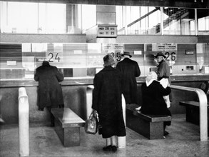 Ticket office of the train station in Rome, Italy, 1967