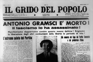 Headline of the newspaper announcing the death of antonio gramsci,1937