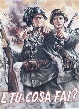E tu..cosa fai?, bersagliere and German soldier in a battlefield pointing their forefinger, manifesto of war propaganda, World War II