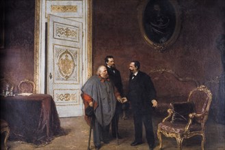 Giuseppe garibaldi and general giacomo medici meet re vittorio emanuele II., by gerolamo induno, XIX century