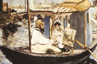 Monet sur son bateau, edouard manet, 1874