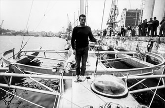Eric tabarly, french naval lieutenant aboard his new yacht pen duick IV prepared for the transatlantic race, playmouth, england, 1968