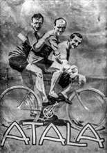 Atala advertising, the three musketeers, luigi ganna, eberardo pavesi e carlo galetti, winners of the first giro d'italia 1912
