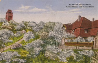 Bismarck building and Bismarck tower in Guben during tree blossom, in the district of Spree-Neiße