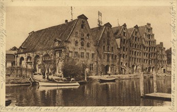 Old granaries at the river Trave, Lübeck, Schleswig-Holstein, Germany, view from c. 1910, digital