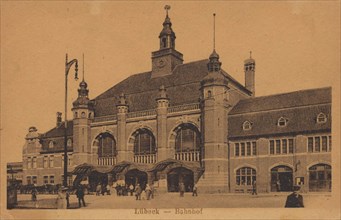 Railroad station Lübeck, Schleswig-Holstein, Germany, view from ca 1910, digital reproduction of a