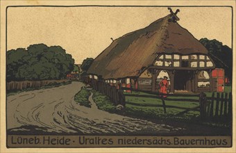 Old Lower Saxony farmhouse in the Lüneburg Heath, Lower Saxony, Germany, view from ca 1910, digital